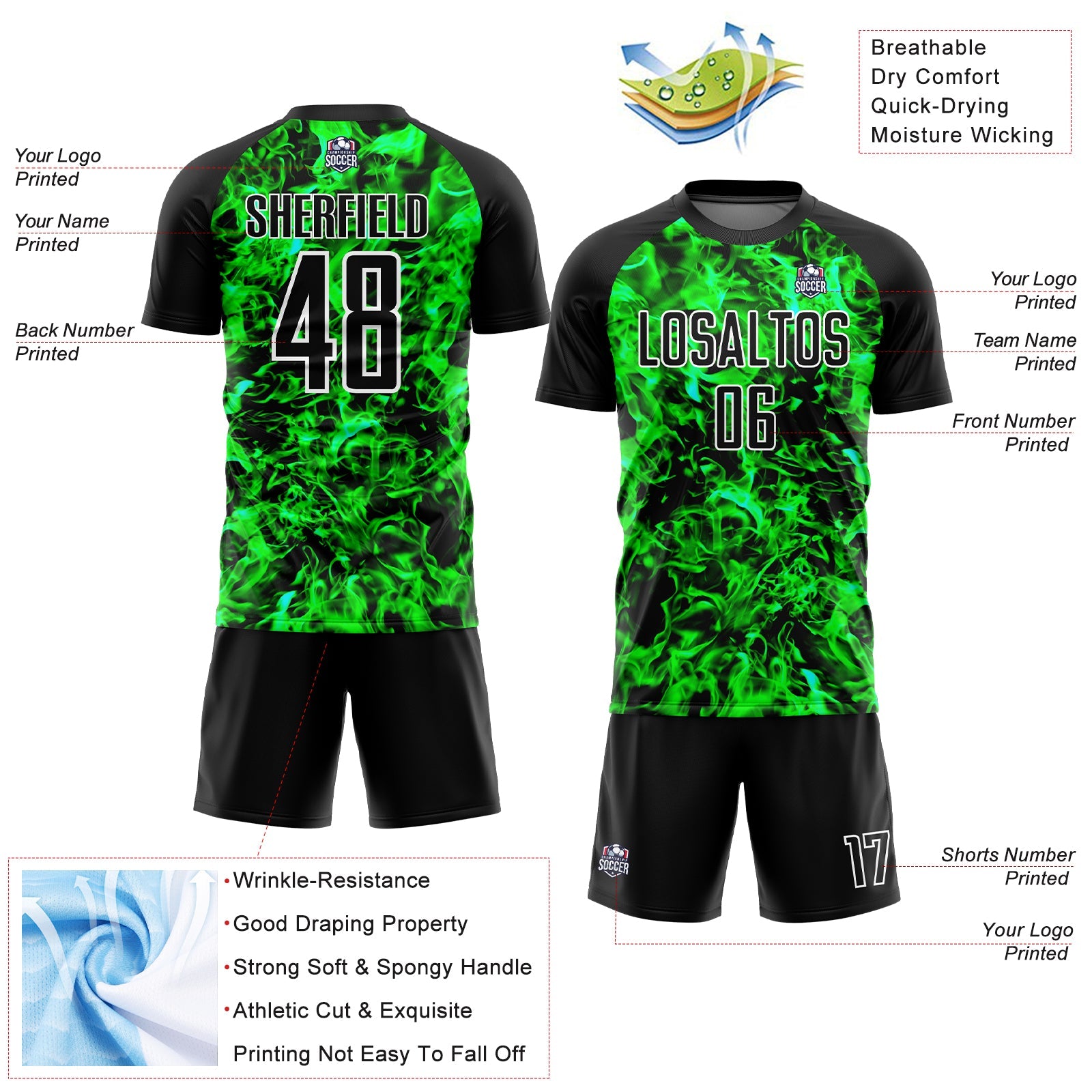 Custom Black Grass Green-White Flame Sublimation Soccer Uniform Jersey - Sky-Custom