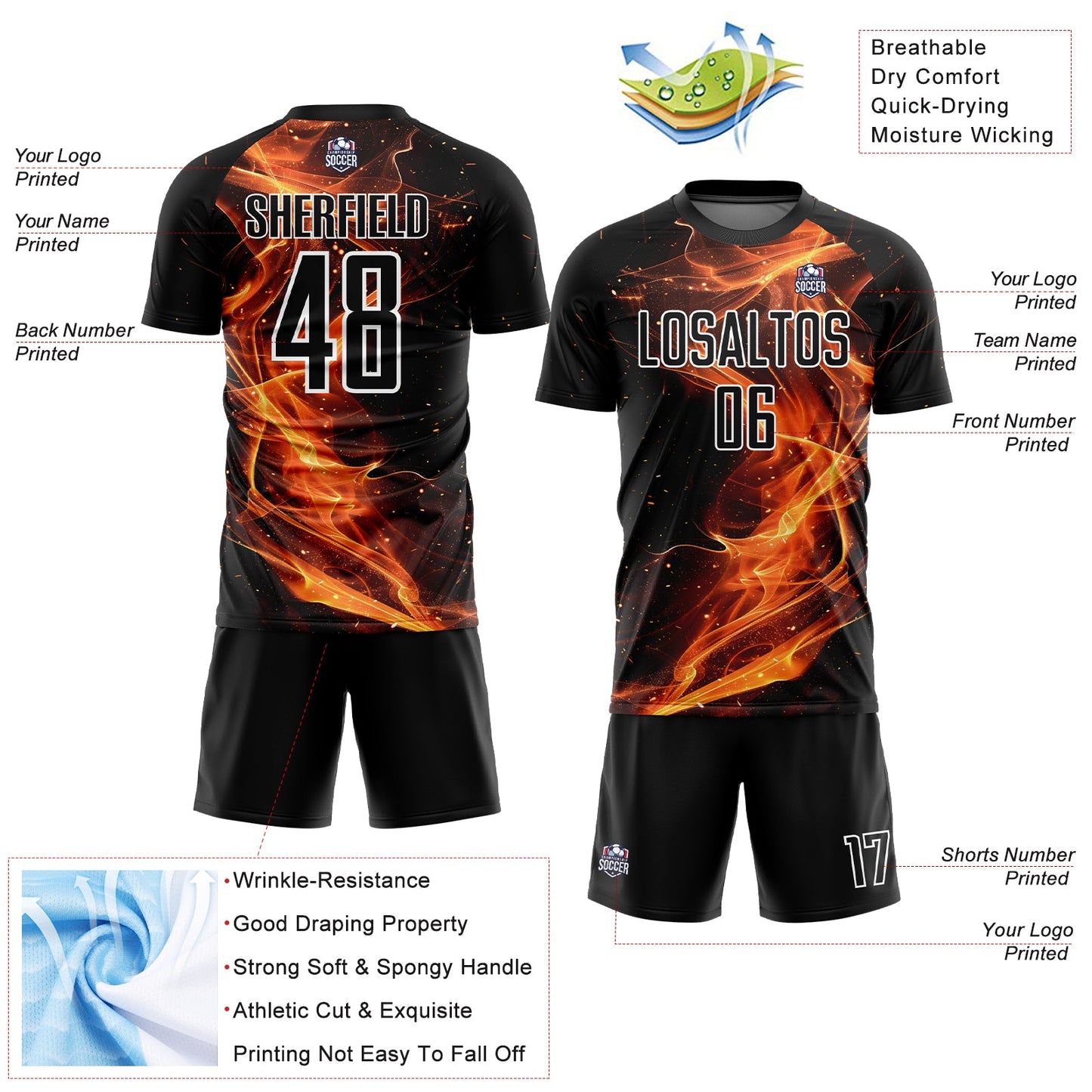 Custom Black Gold-White Flame Sublimation Soccer Uniform Jersey - Sky-Custom
