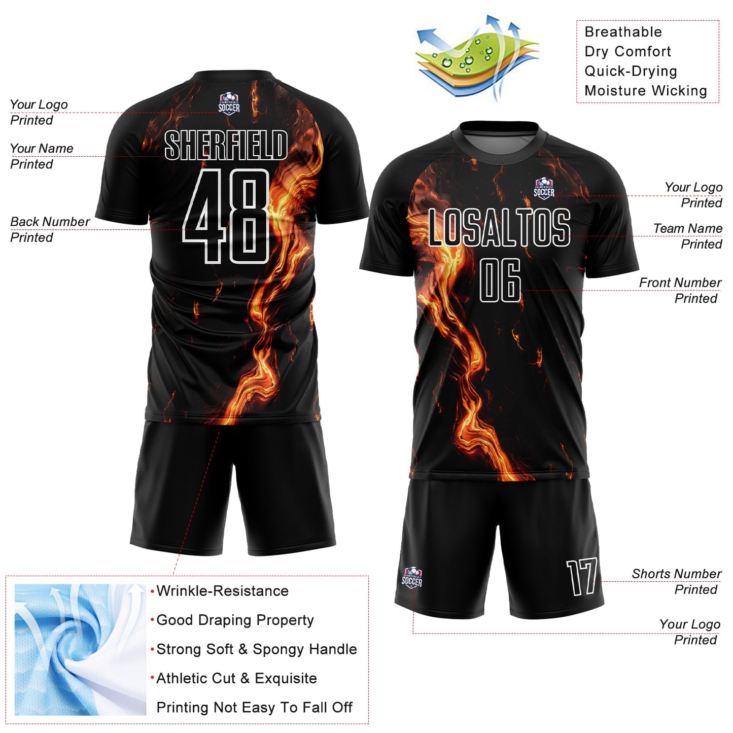 Custom Black Gold-White Flame Sublimation Soccer Uniform Jersey - Sky-Custom
