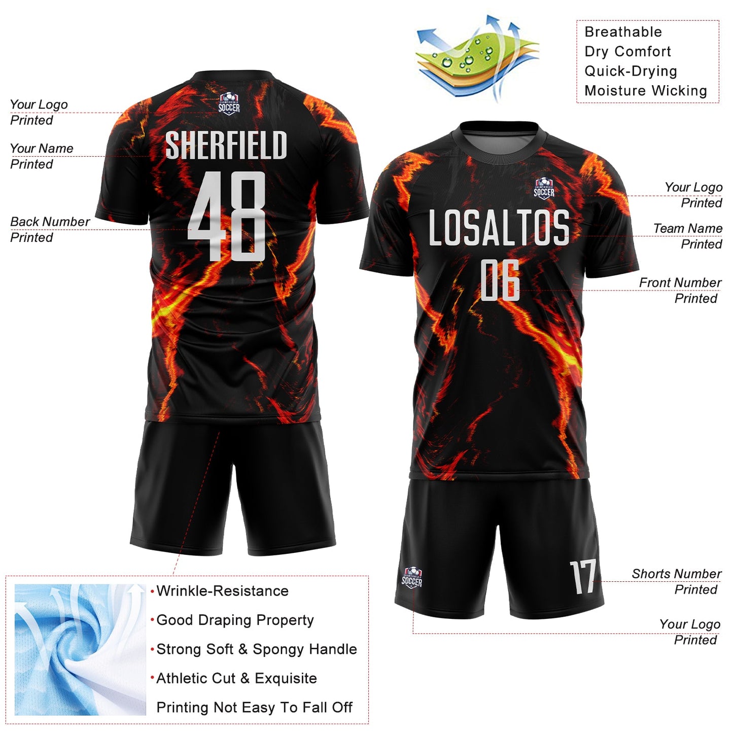 Custom Black White-Gold Flame Sublimation Soccer Uniform Jersey - Sky-Custom