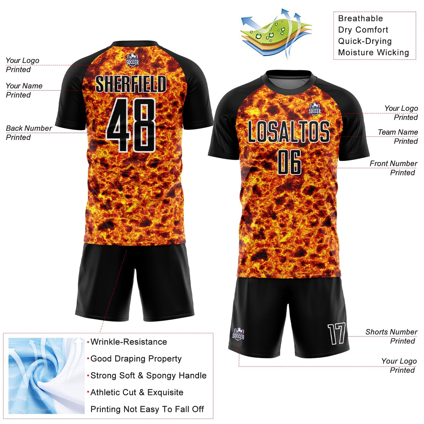 Custom Black Gold-White Flame Sublimation Soccer Uniform Jersey - Sky-Custom