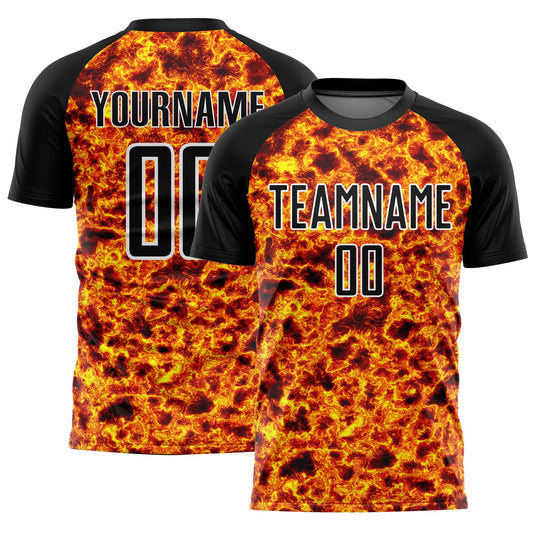 Custom Black Gold-White Flame Sublimation Soccer Uniform Jersey - Sky-Custom