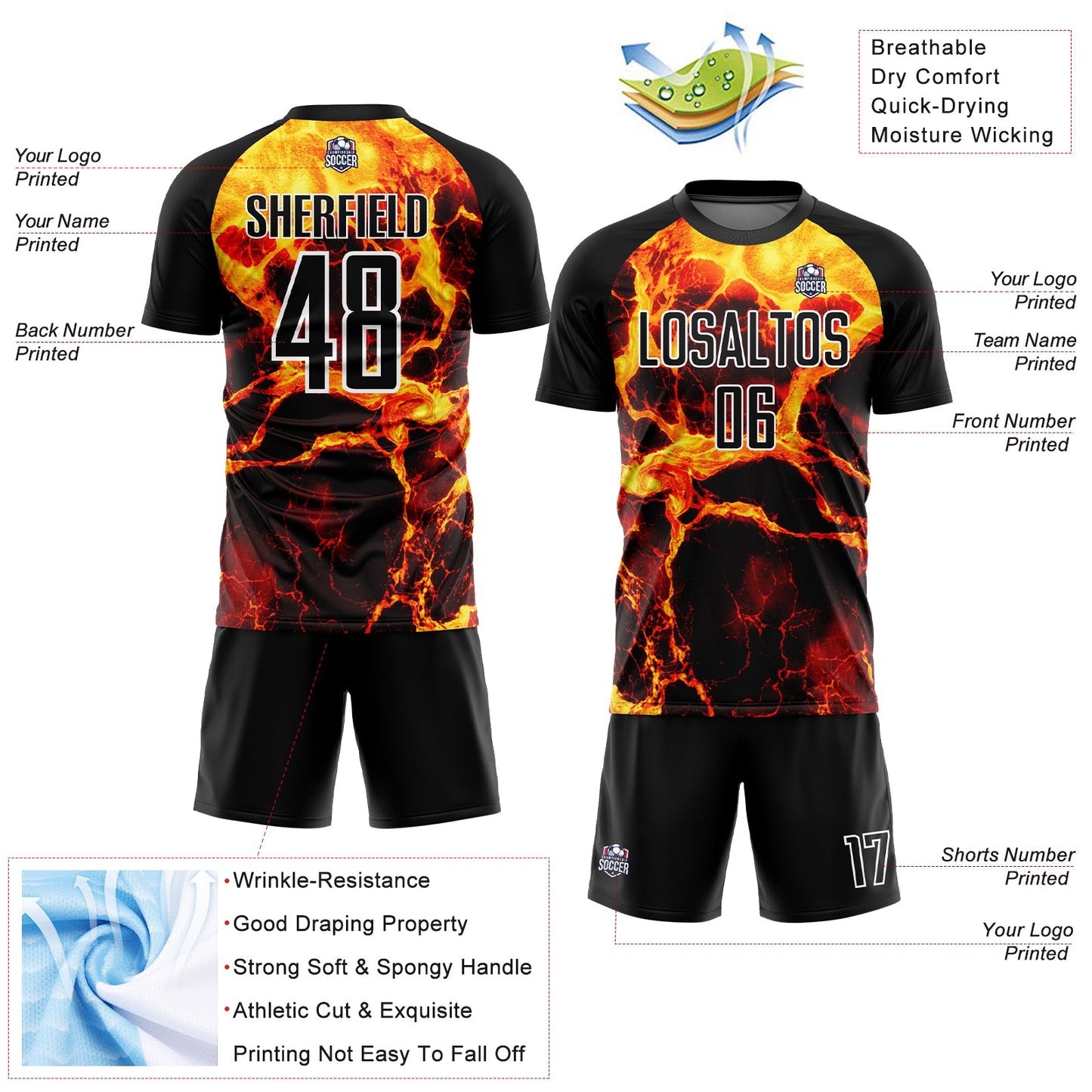 Custom Black Gold-White Flame Sublimation Soccer Uniform Jersey - Sky-Custom