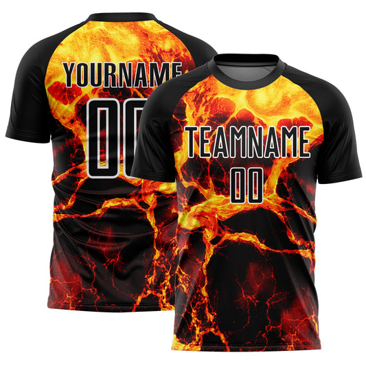 Custom Black Gold-White Flame Sublimation Soccer Uniform Jersey - Sky-Custom