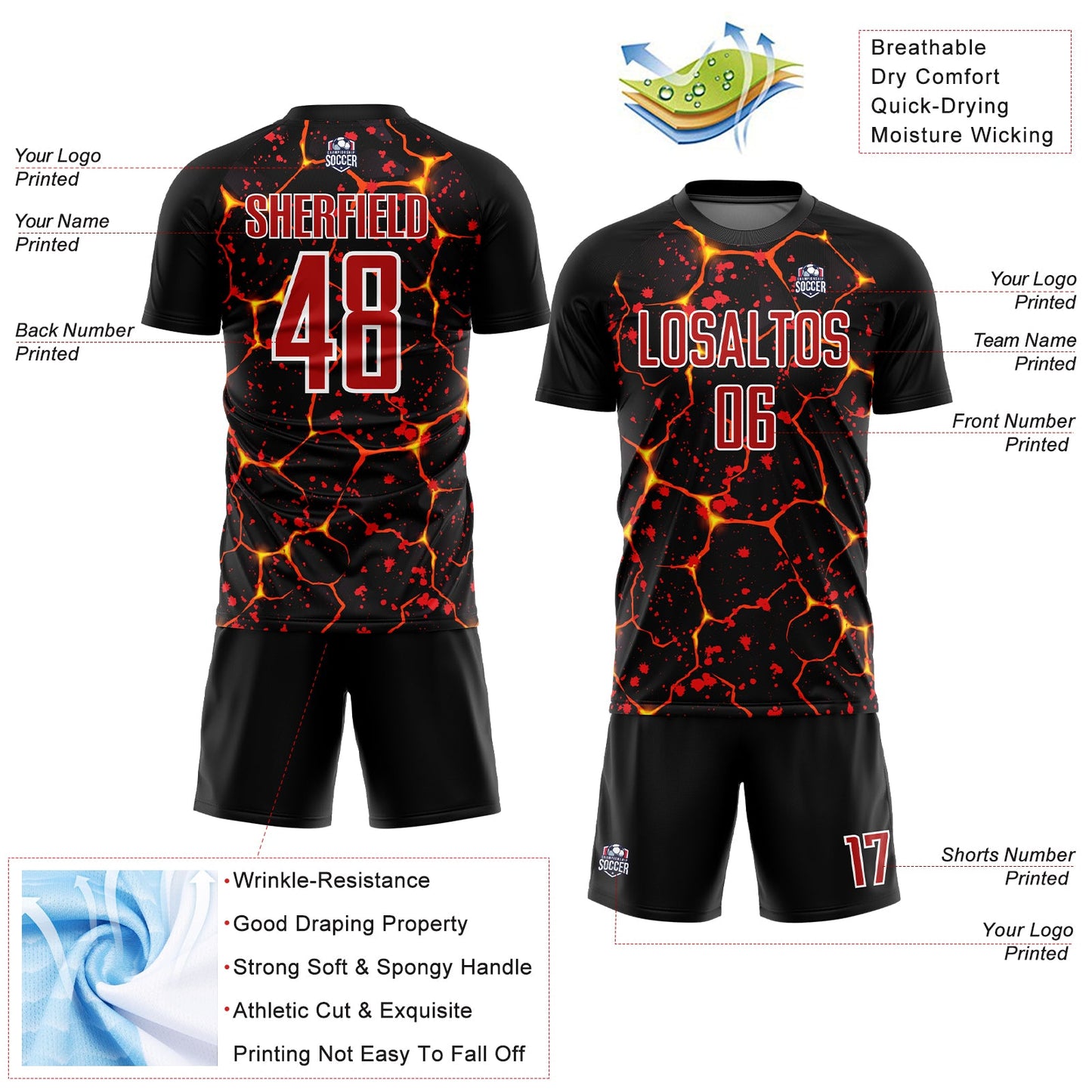 Custom Black Red-White Flame And Splash Sublimation Soccer Uniform Jersey - Sky-Custom