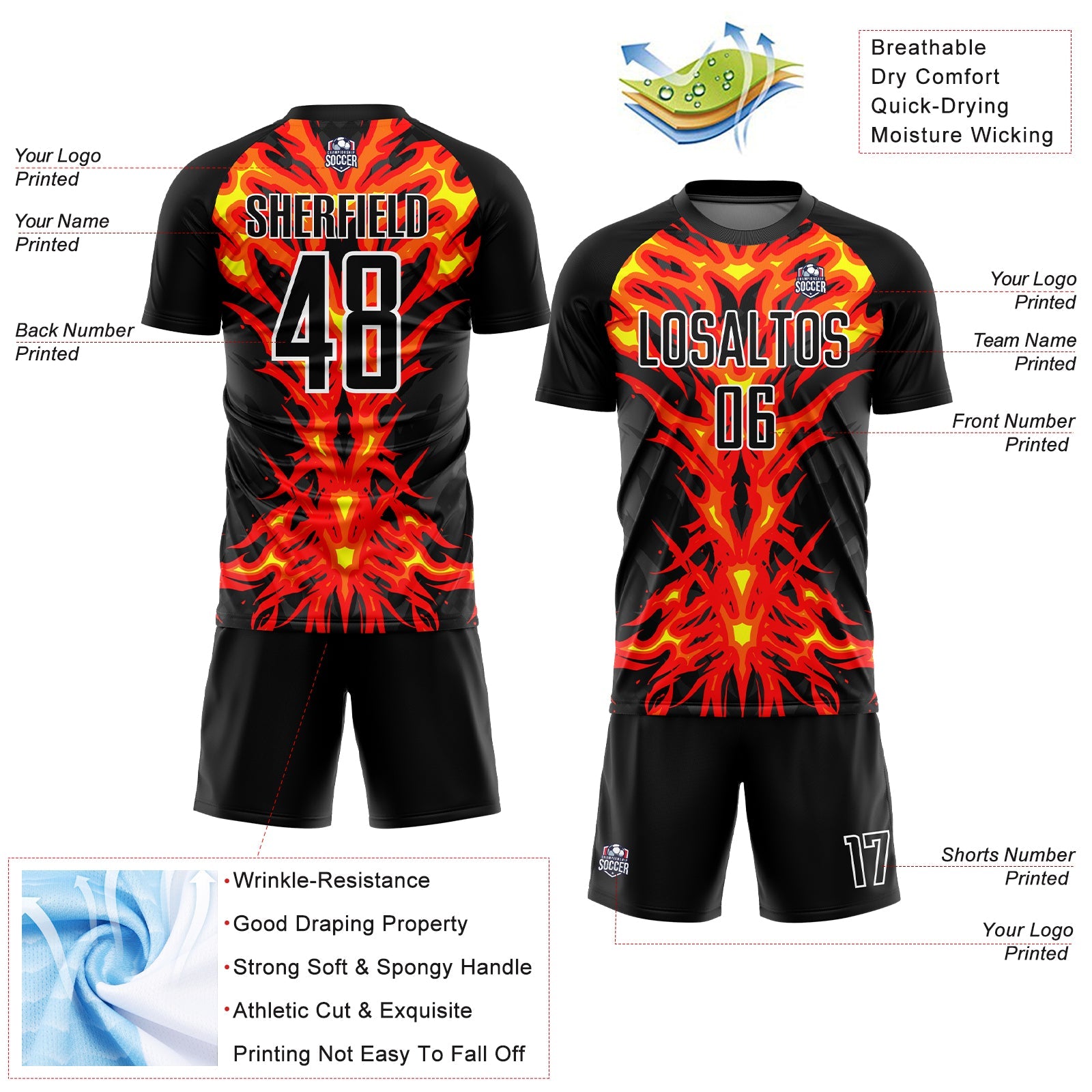 Custom Black Red-White Flame Sublimation Soccer Uniform Jersey - Sky-Custom