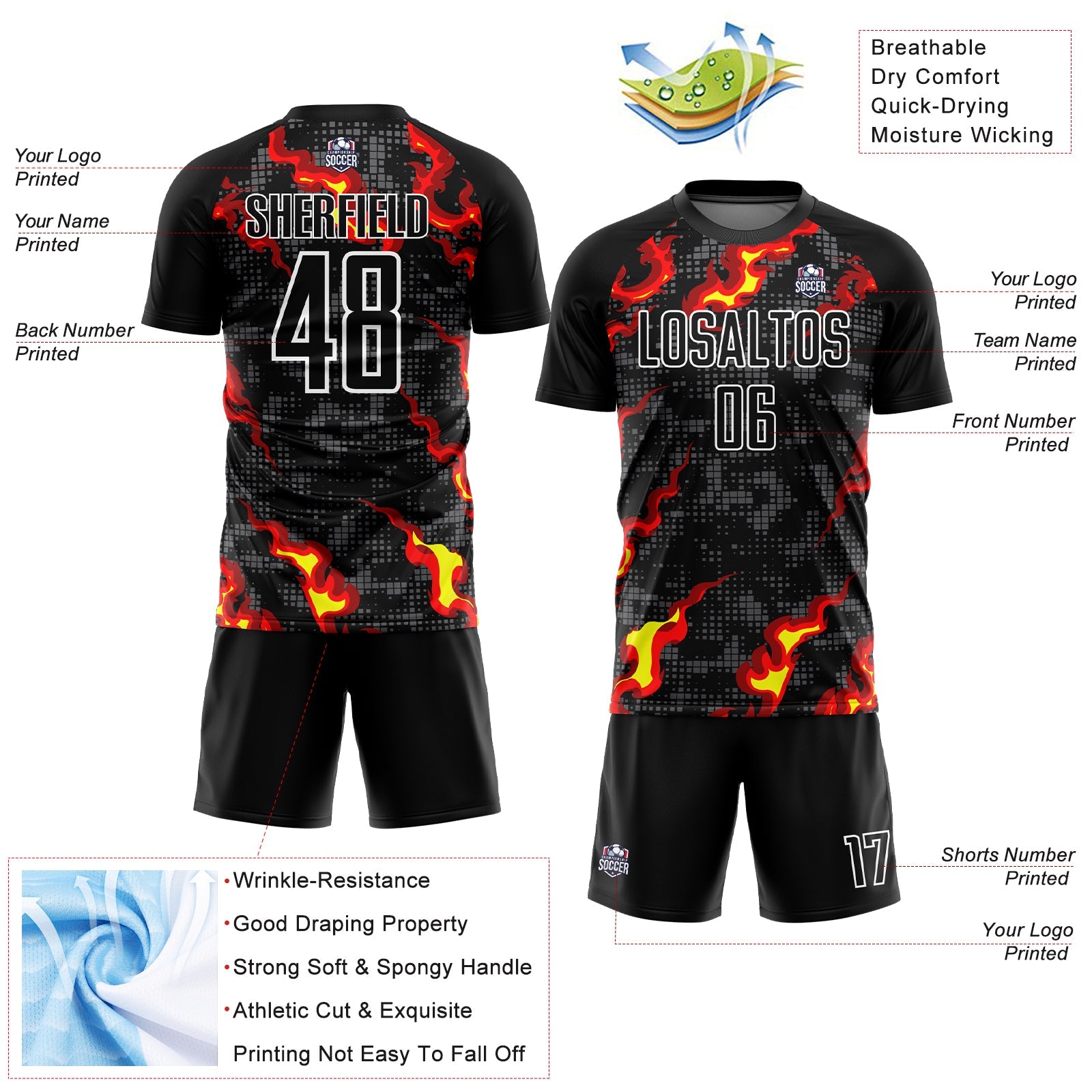 Custom Black Gray Red-Gold Flame Sublimation Soccer Uniform Jersey - Sky-Custom
