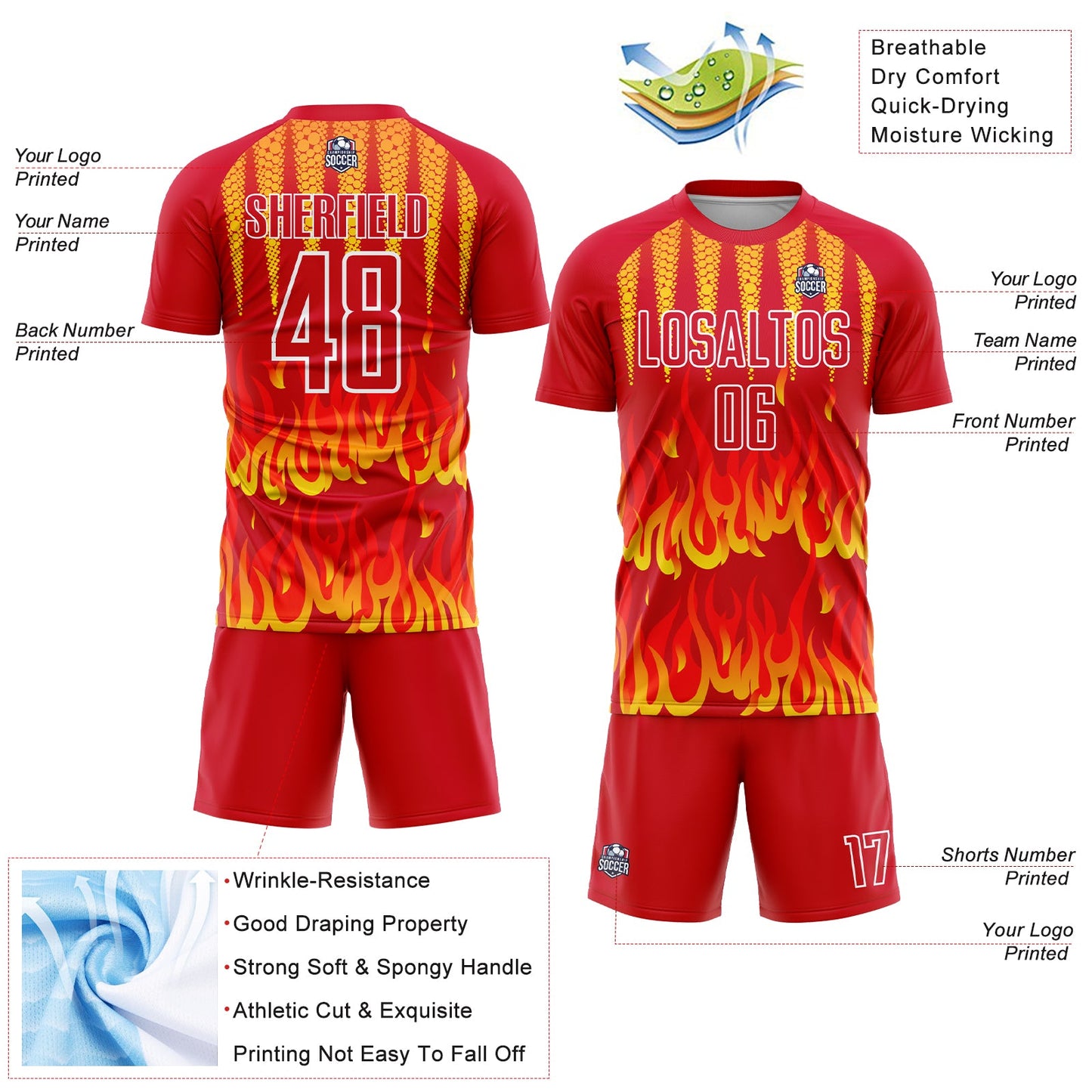 Custom Red Yellow-White Flame Sublimation Soccer Uniform Jersey - Sky-Custom