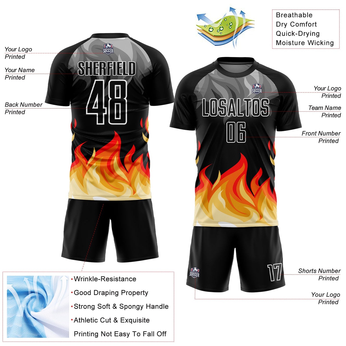 Custom Black Gray Red-Gold Flame Sublimation Soccer Uniform Jersey - Sky-Custom