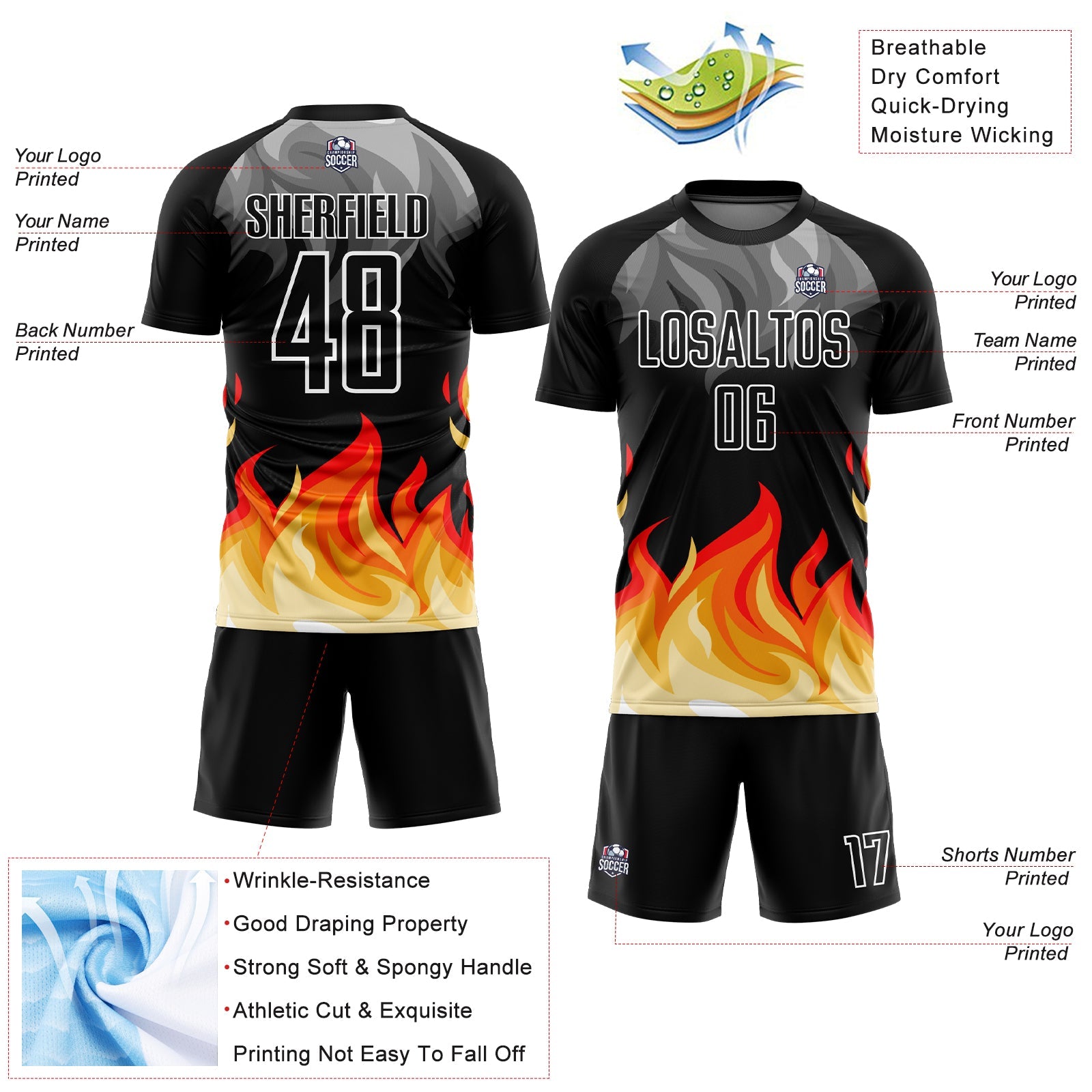 Custom Black Gray Red-Gold Flame Sublimation Soccer Uniform Jersey - Sky-Custom