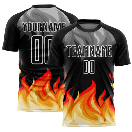 Custom Black Gray Red-Gold Flame Sublimation Soccer Uniform Jersey - Sky-Custom