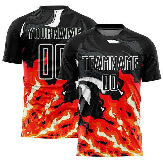 Custom Black Red-Orange Flame Sublimation Soccer Uniform Jersey - Sky-Custom