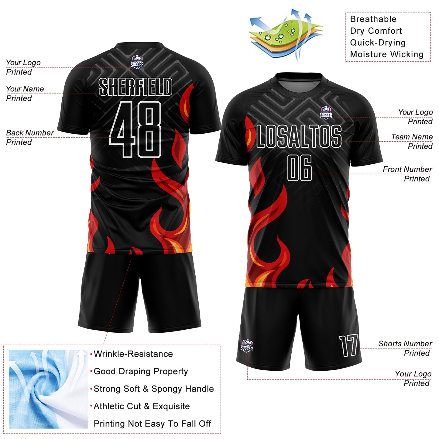 Custom Black Red-Gold Flame Sublimation Soccer Uniform Jersey - Sky-Custom