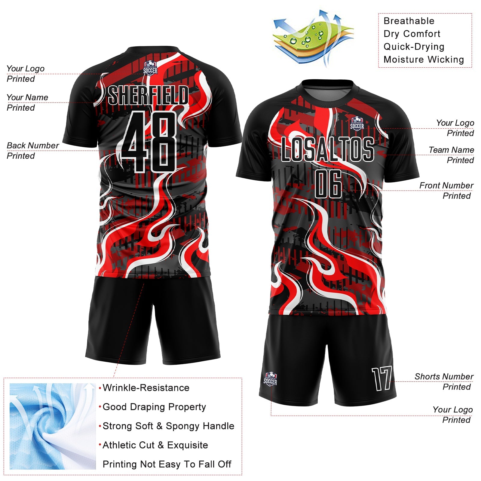 Custom Black Red-White Flame Sublimation Soccer Uniform Jersey - Sky-Custom