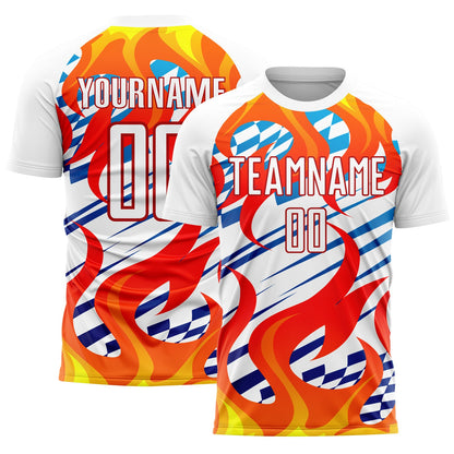 Custom White Red-Gold Flame Sublimation Soccer Uniform Jersey - Sky-Custom