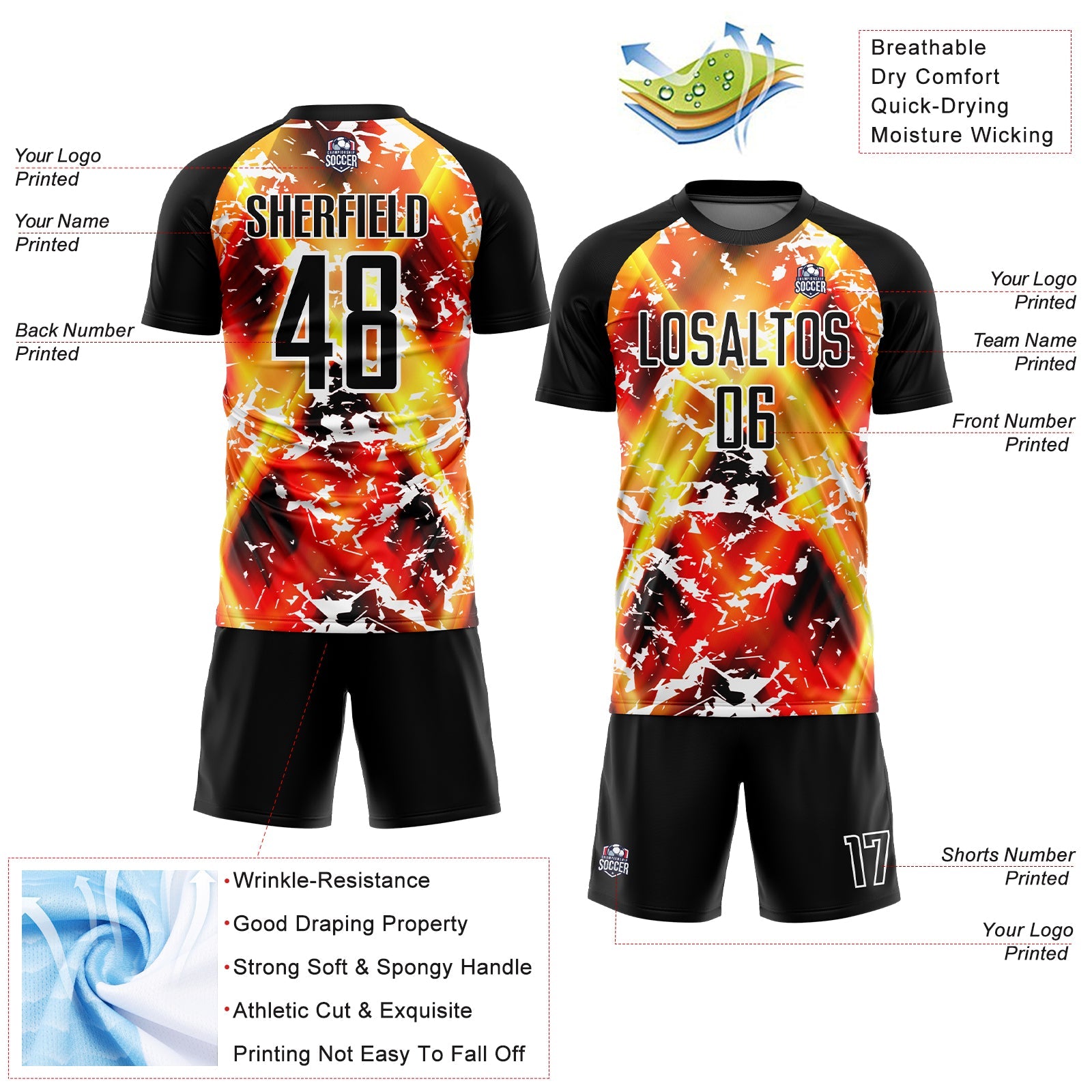 Custom Black Yellow-Red Flame Sublimation Soccer Uniform Jersey - Sky-Custom