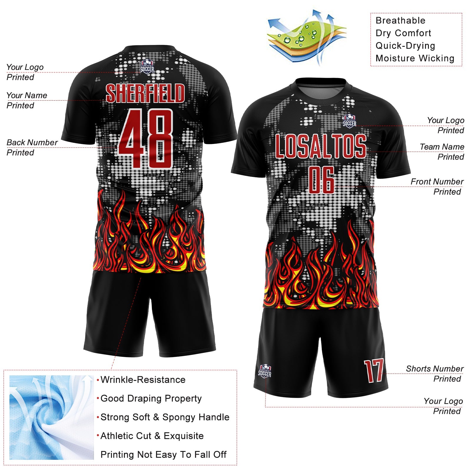 Custom Black Red Gold-Gray Flame Sublimation Soccer Uniform Jersey - Sky-Custom