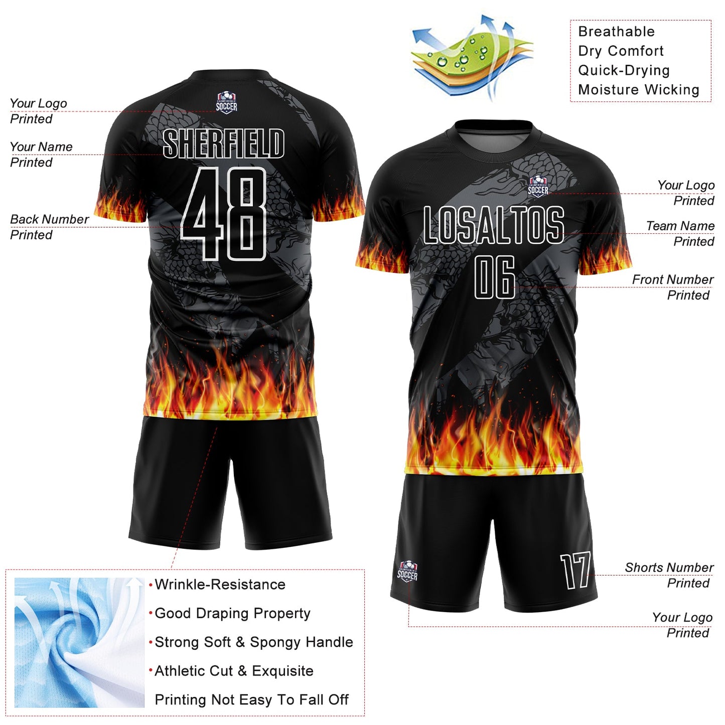 Custom Black Red-Gold Flame Sublimation Soccer Uniform Jersey - Sky-Custom