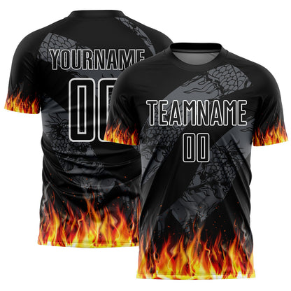 Custom Black Red-Gold Flame Sublimation Soccer Uniform Jersey - Sky-Custom