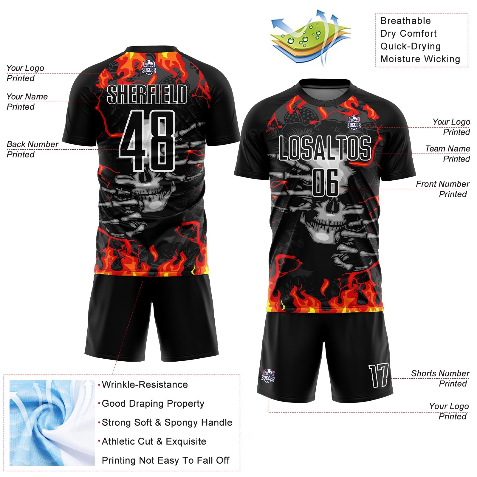 Custom Black Red-Gold Skull Flame Sublimation Soccer Uniform Jersey - Sky-Custom