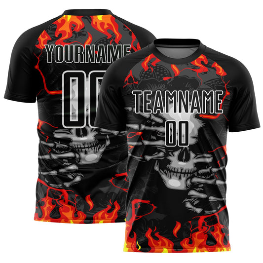 Custom Black Red-Gold Skull Flame Sublimation Soccer Uniform Jersey - Sky-Custom