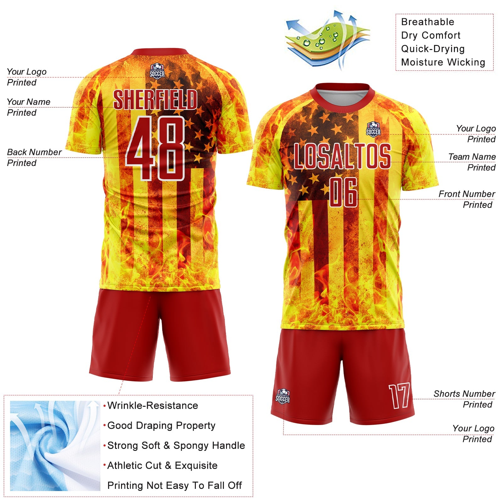 Custom Light Yellow Red-White American Flag Flame Sublimation Soccer Uniform Jersey - Sky-Custom