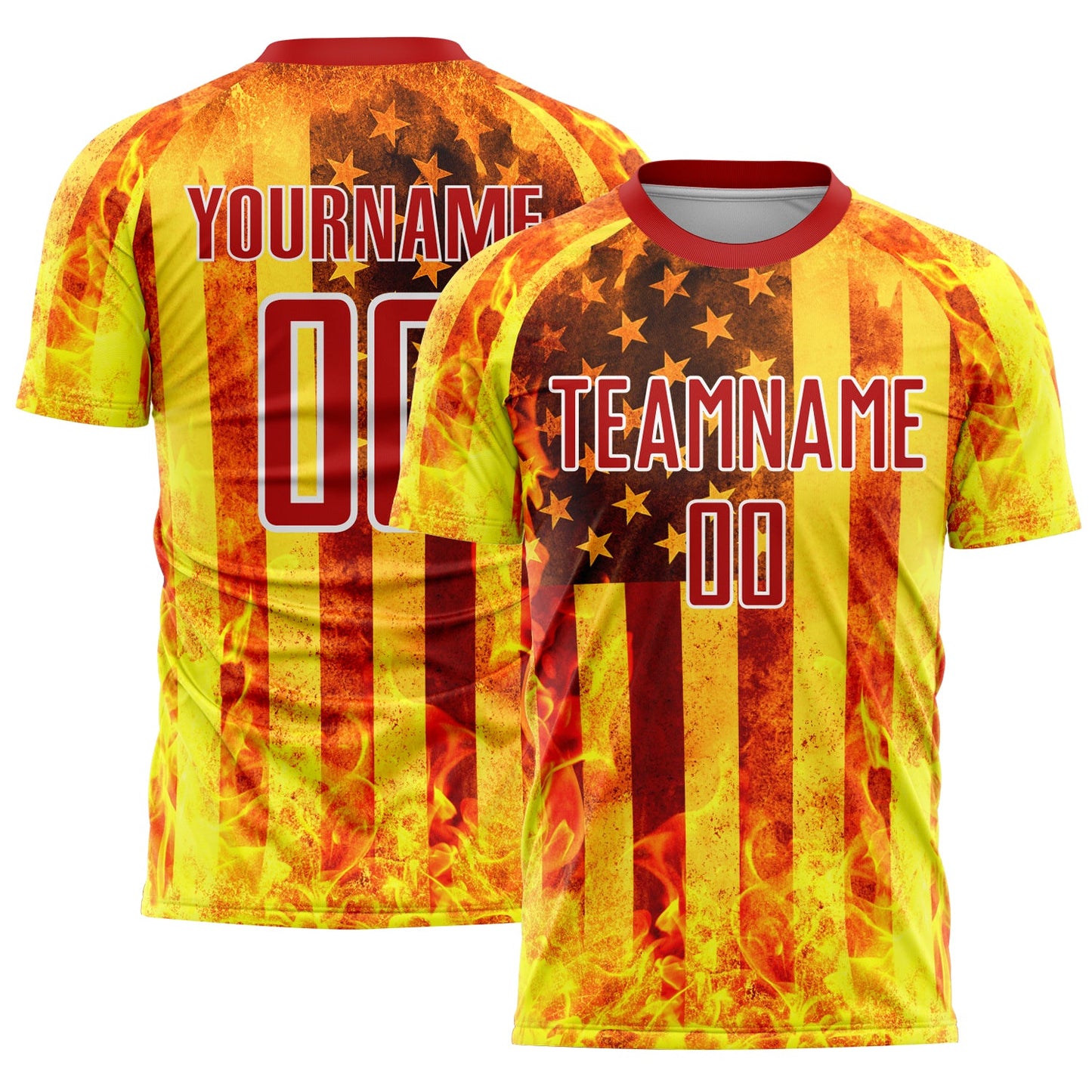 Custom Light Yellow Red-White American Flag Flame Sublimation Soccer Uniform Jersey - Sky-Custom