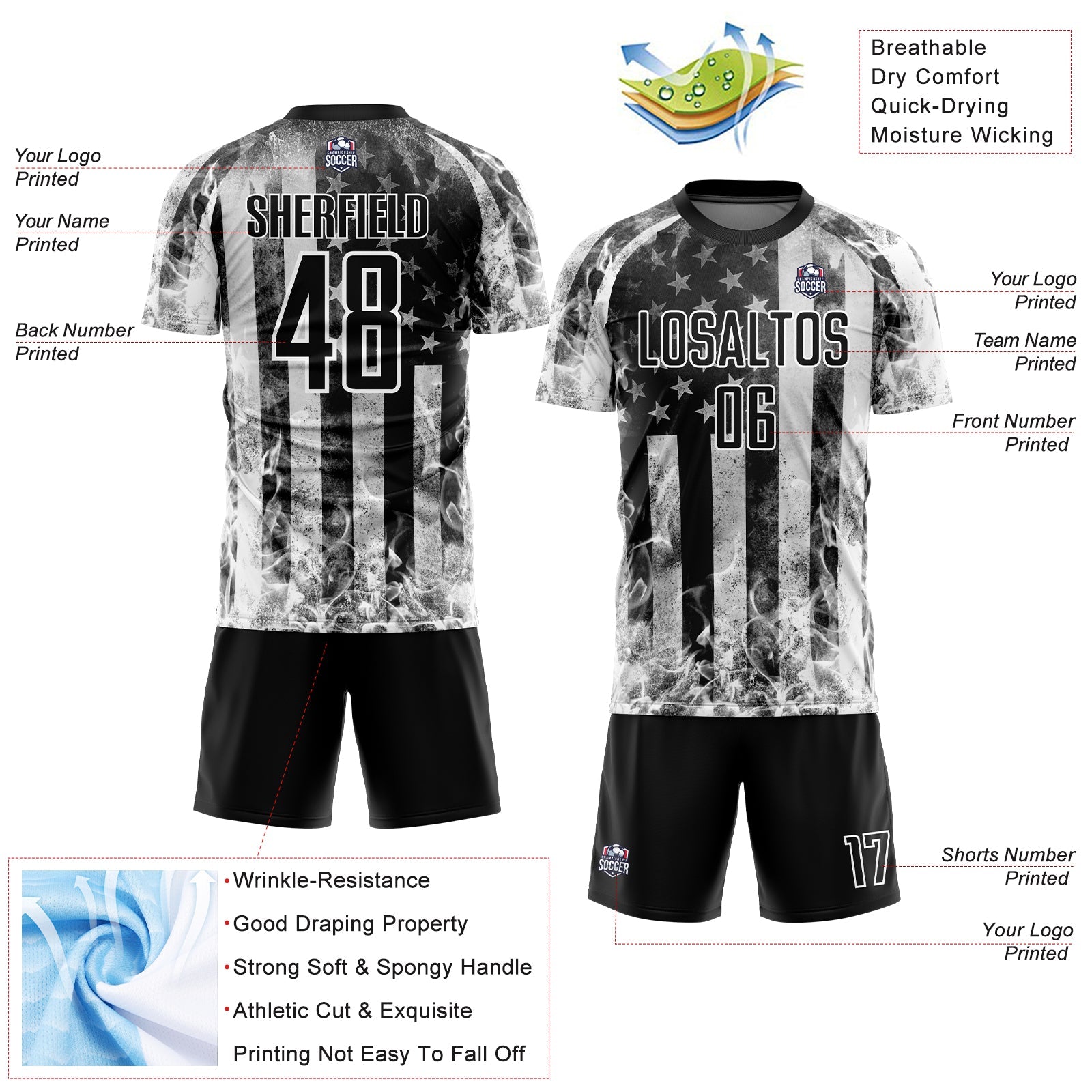 Custom Black Gray-White American Flag Flame Sublimation Soccer Uniform Jersey - Sky-Custom