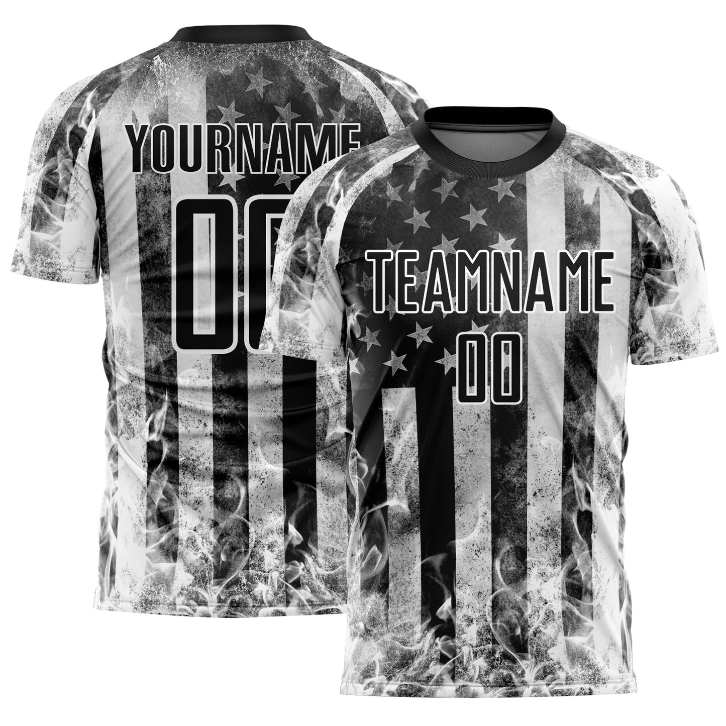 Custom Black Gray-White American Flag Flame Sublimation Soccer Uniform Jersey - Sky-Custom