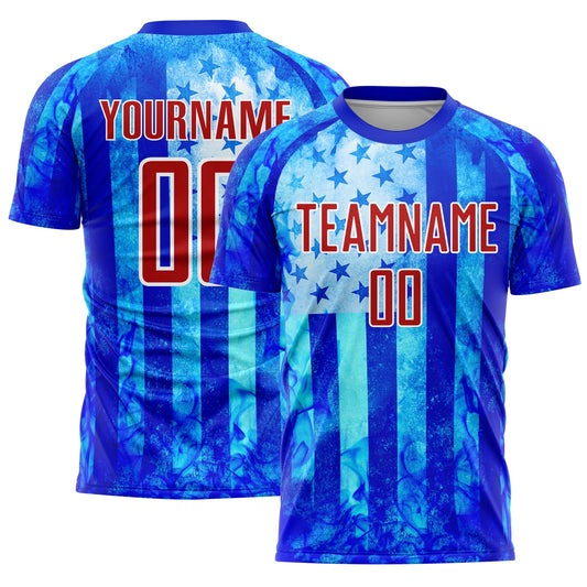 Custom Thunder Blue Red-White American Flag Flame Sublimation Soccer Uniform Jersey - Sky-Custom