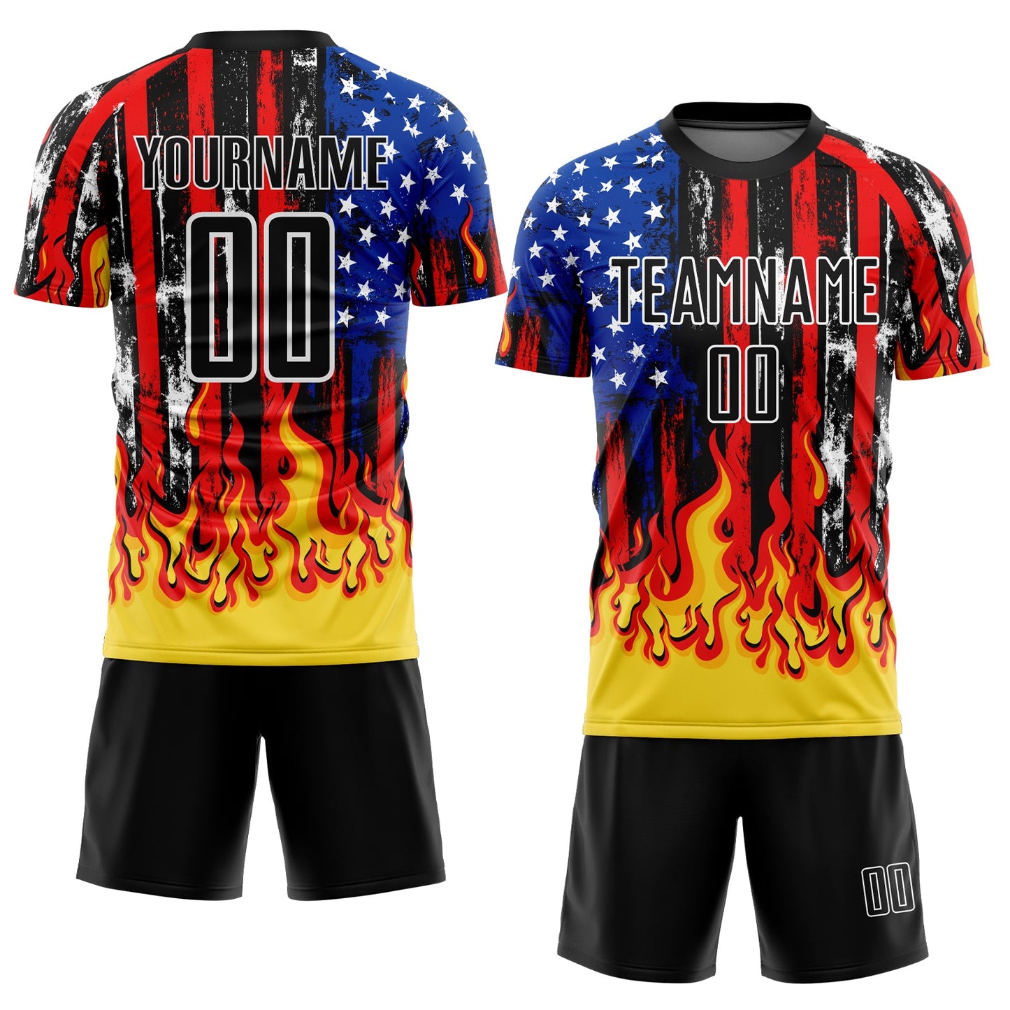 Custom Black Red Royal-Gold American Flag Flame Sublimation Soccer Uniform Jersey - Sky-Custom