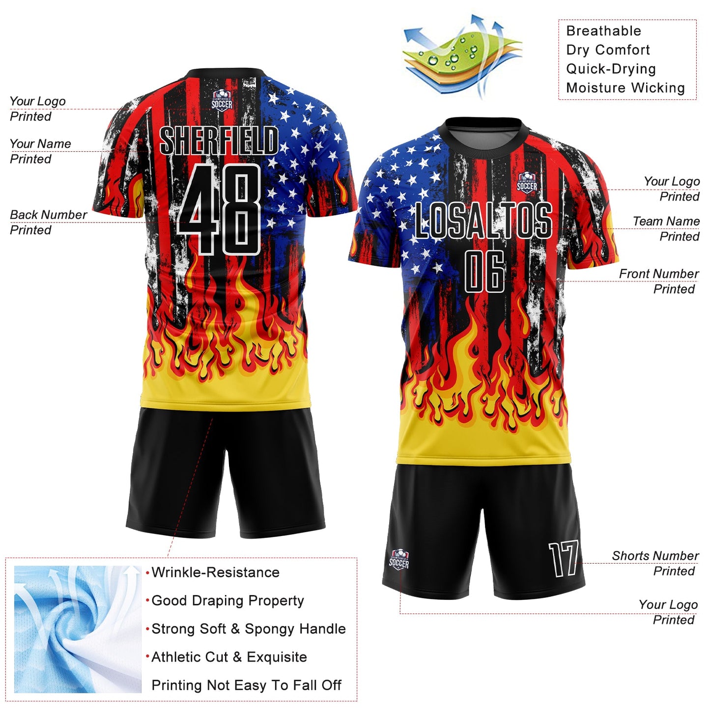 Custom Black Red Royal-Gold American Flag Flame Sublimation Soccer Uniform Jersey - Sky-Custom