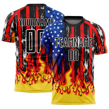 Custom Black Red Royal-Gold American Flag Flame Sublimation Soccer Uniform Jersey - Sky-Custom