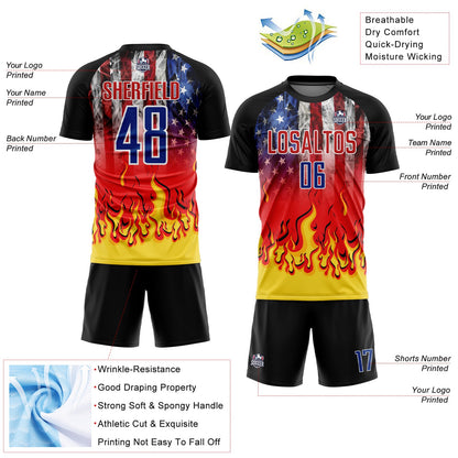 Custom Black Royal Red-Gold American Flag Flame Sublimation Soccer Uniform Jersey - Sky-Custom