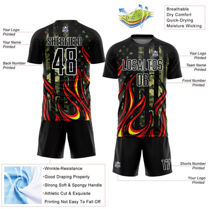 Custom Camo Black Red-Gold Flame Sublimation Salute To Service Soccer Uniform Jersey - Sky-Custom