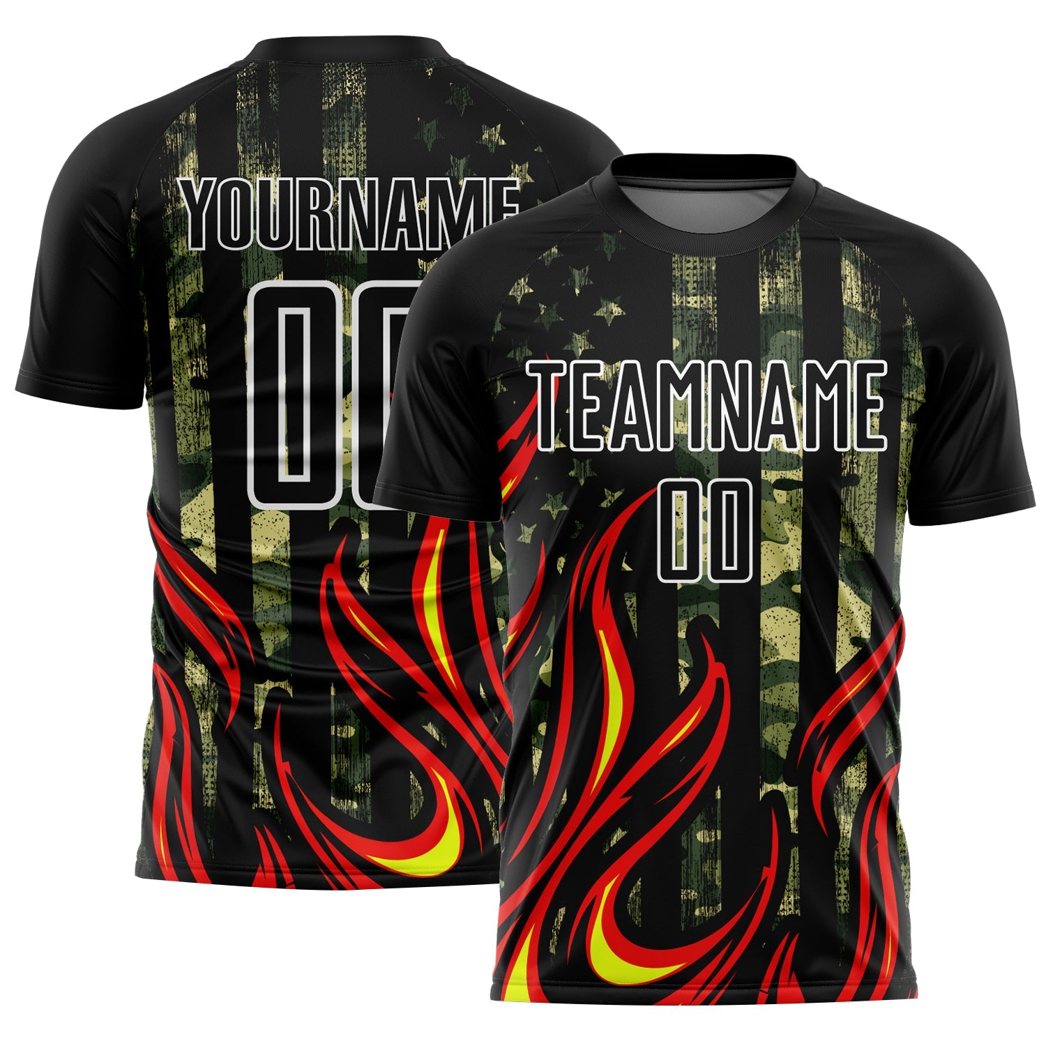 Custom Camo Black Red-Gold Flame Sublimation Salute To Service Soccer Uniform Jersey - Sky-Custom