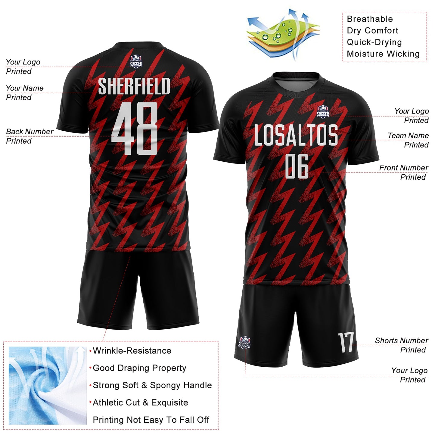 Custom Black White-Red Zigzag Shape Sublimation Soccer Uniform Jersey - Sky-Custom