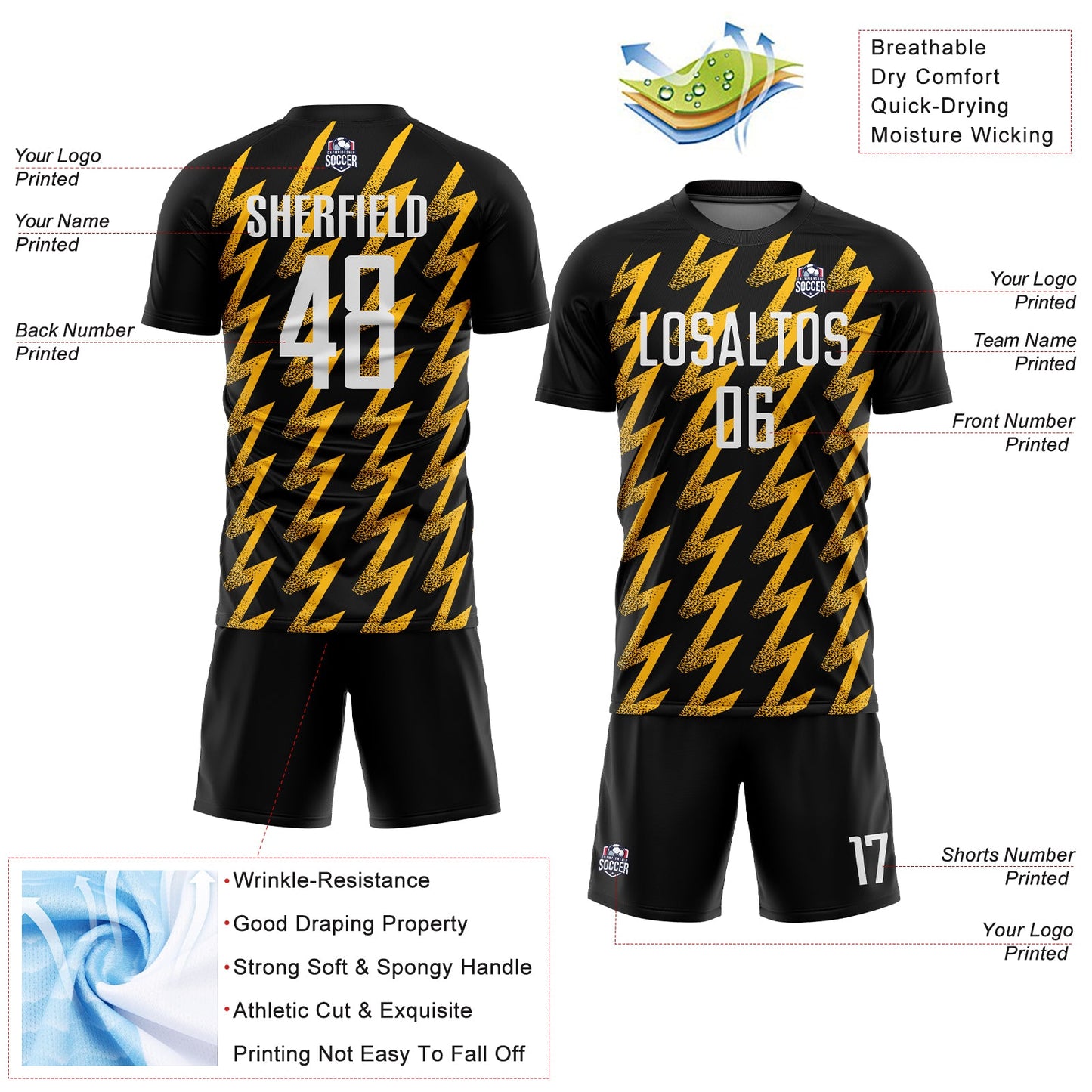 Custom Black White-Gold Zigzag Shape Sublimation Soccer Uniform Jersey - Sky-Custom