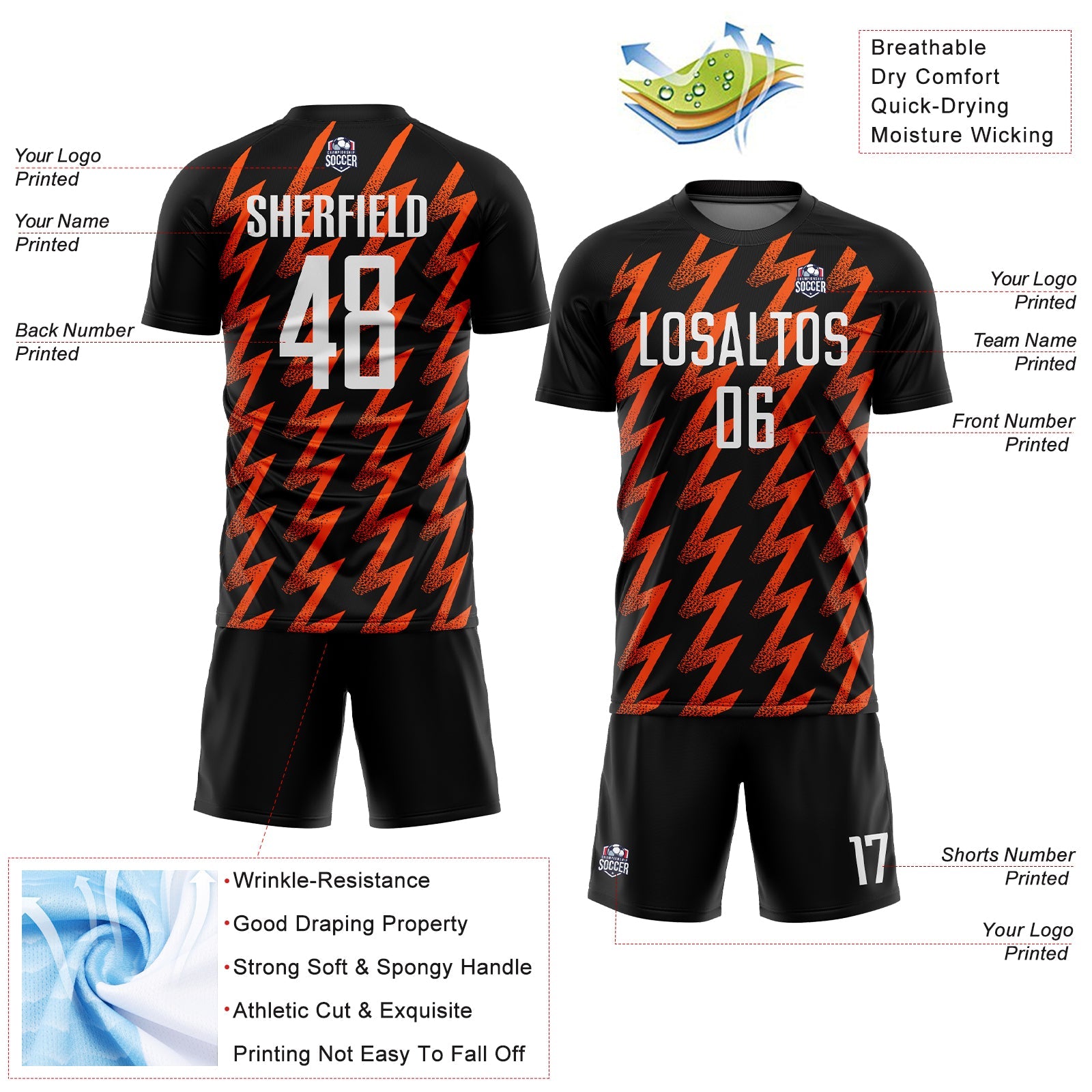 Custom Black White-Orange Zigzag Shape Sublimation Soccer Uniform Jersey - Sky-Custom