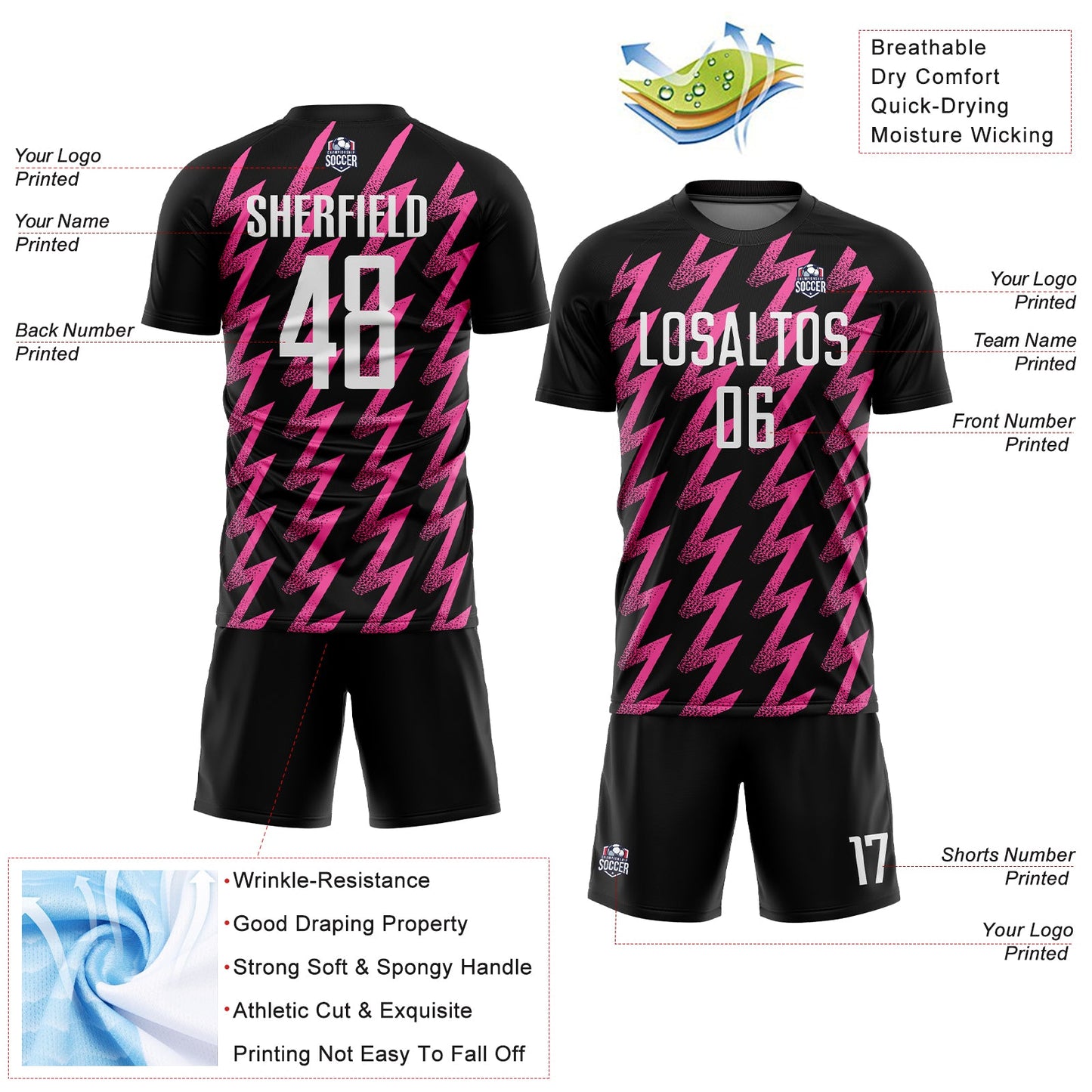 Custom Black White-Pink Zigzag Shape Sublimation Soccer Uniform Jersey - Sky-Custom