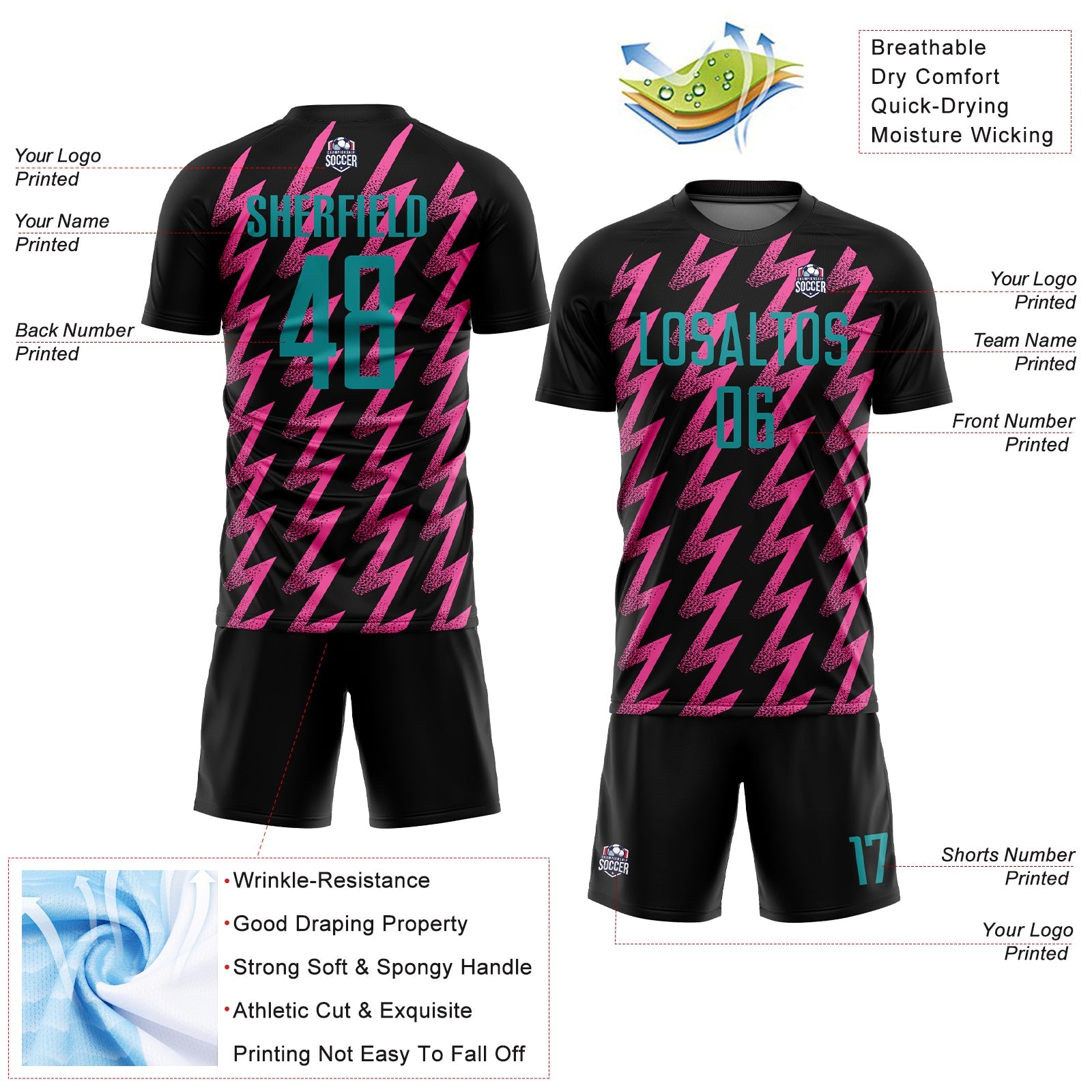 Custom Black Teal-Pink Zigzag Shape Sublimation Soccer Uniform Jersey - Sky-Custom