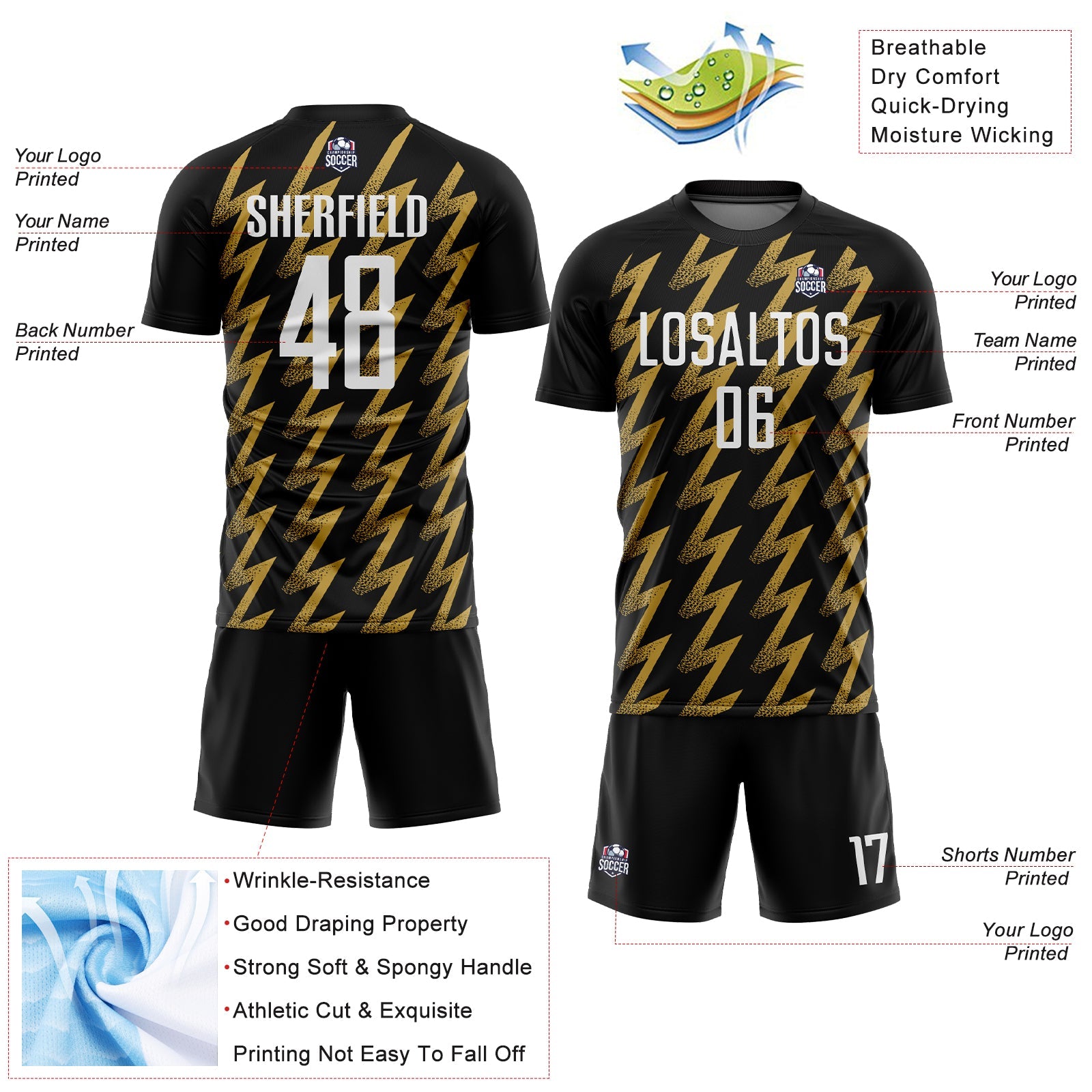 Custom Black White-Old Gold Zigzag Shape Sublimation Soccer Uniform Jersey - Sky-Custom