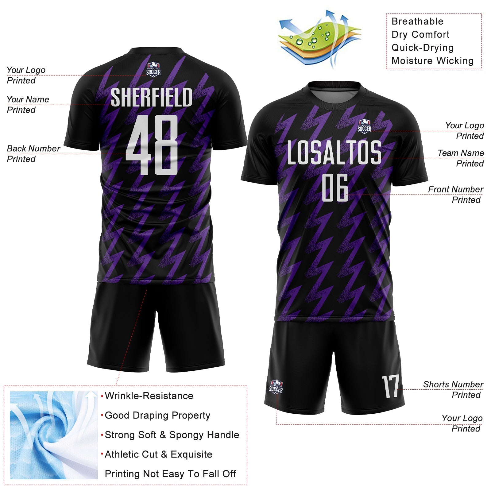 Custom Black White-Purple Zigzag Shape Sublimation Soccer Uniform Jersey - Sky-Custom