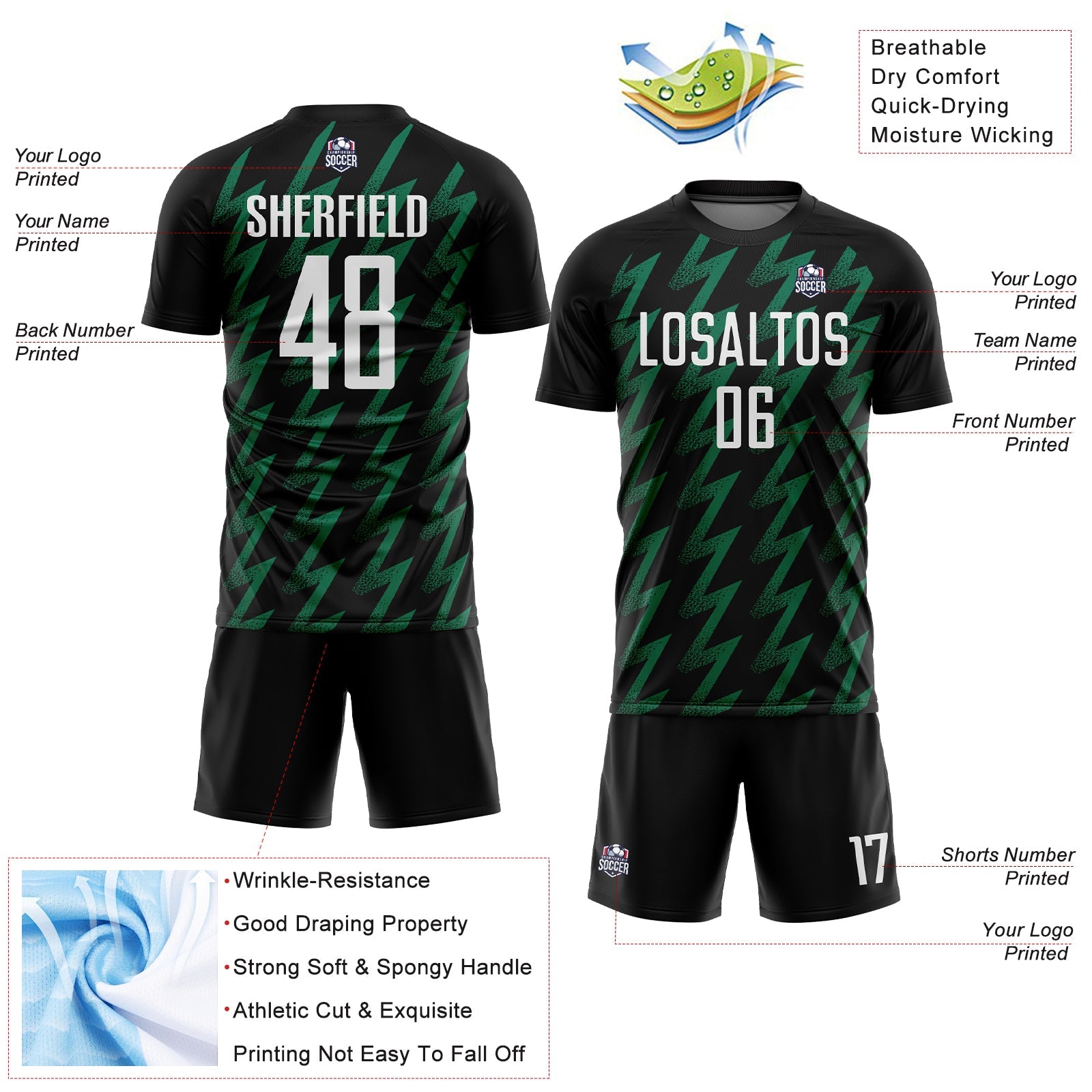 Custom Black White-Kelly Green Zigzag Shape Sublimation Soccer Uniform Jersey - Sky-Custom