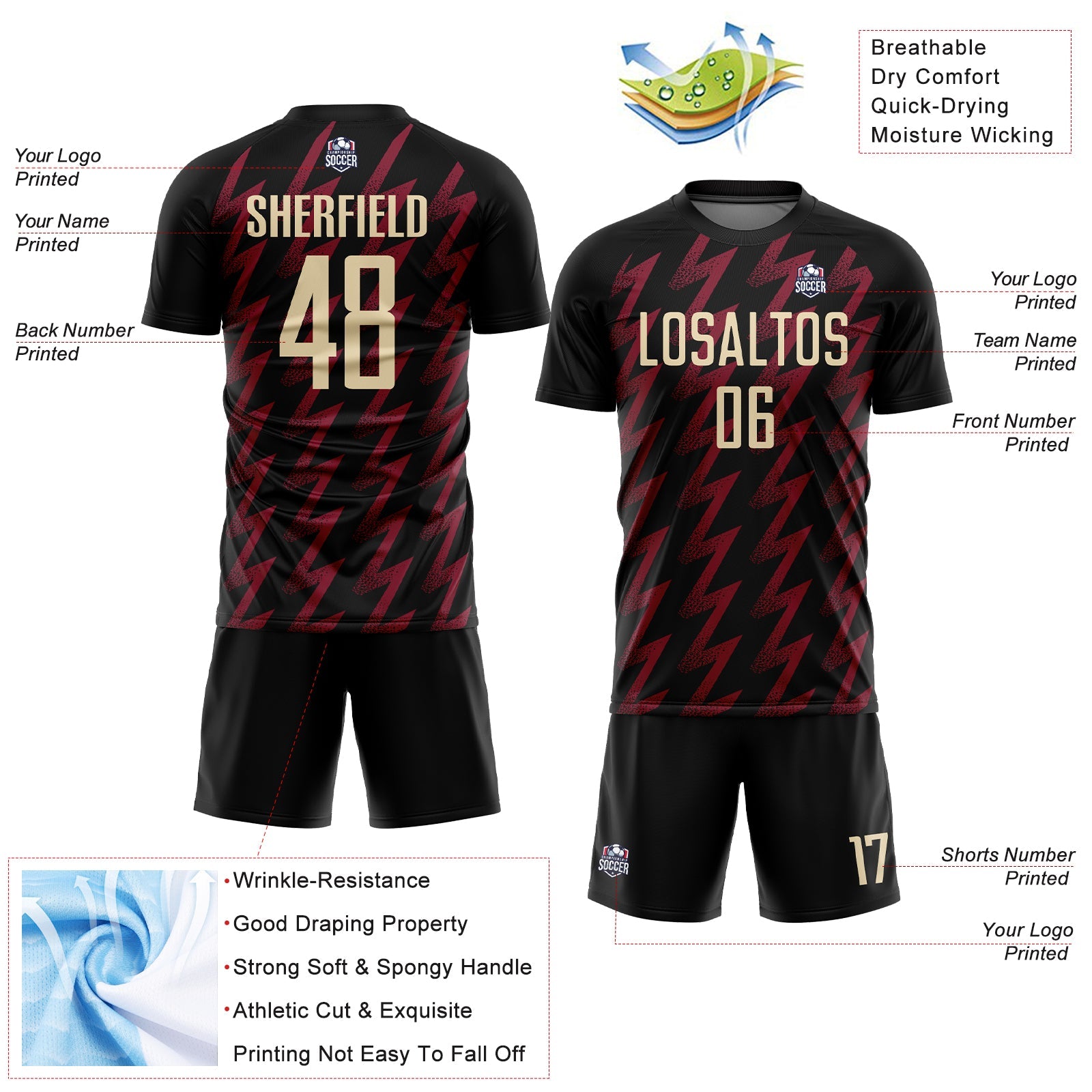 Custom Black Cream-Crimson Zigzag Shape Sublimation Soccer Uniform Jersey - Sky-Custom
