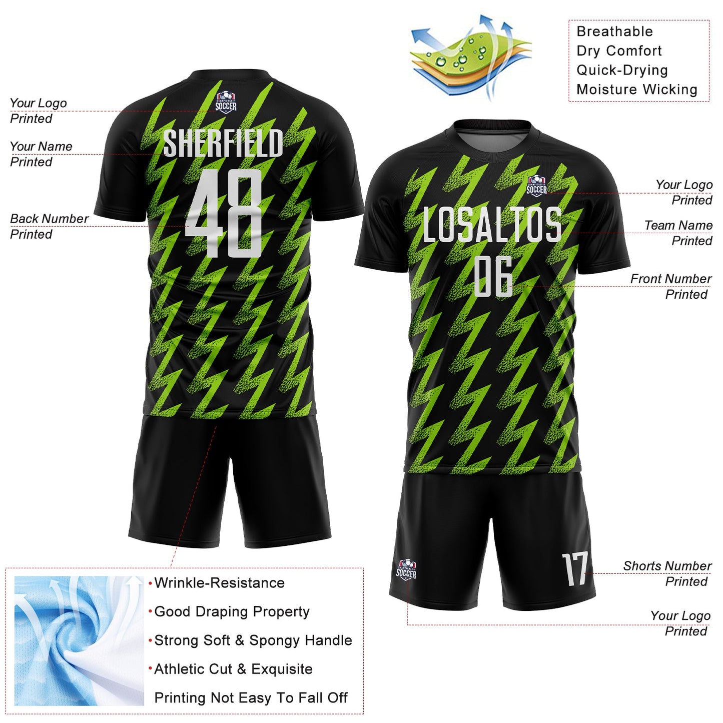 Custom Black White-Neon Green Zigzag Shape Sublimation Soccer Uniform Jersey - Sky-Custom