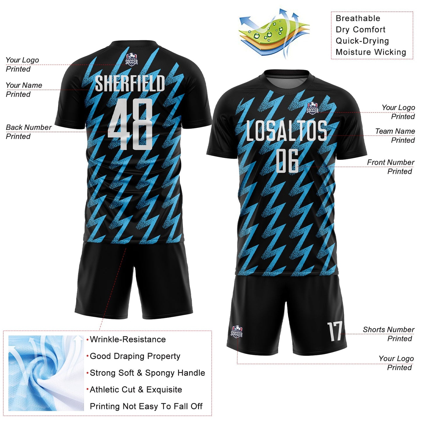 Custom Black White-Sky Blue Zigzag Shape Sublimation Soccer Uniform Jersey - Sky-Custom