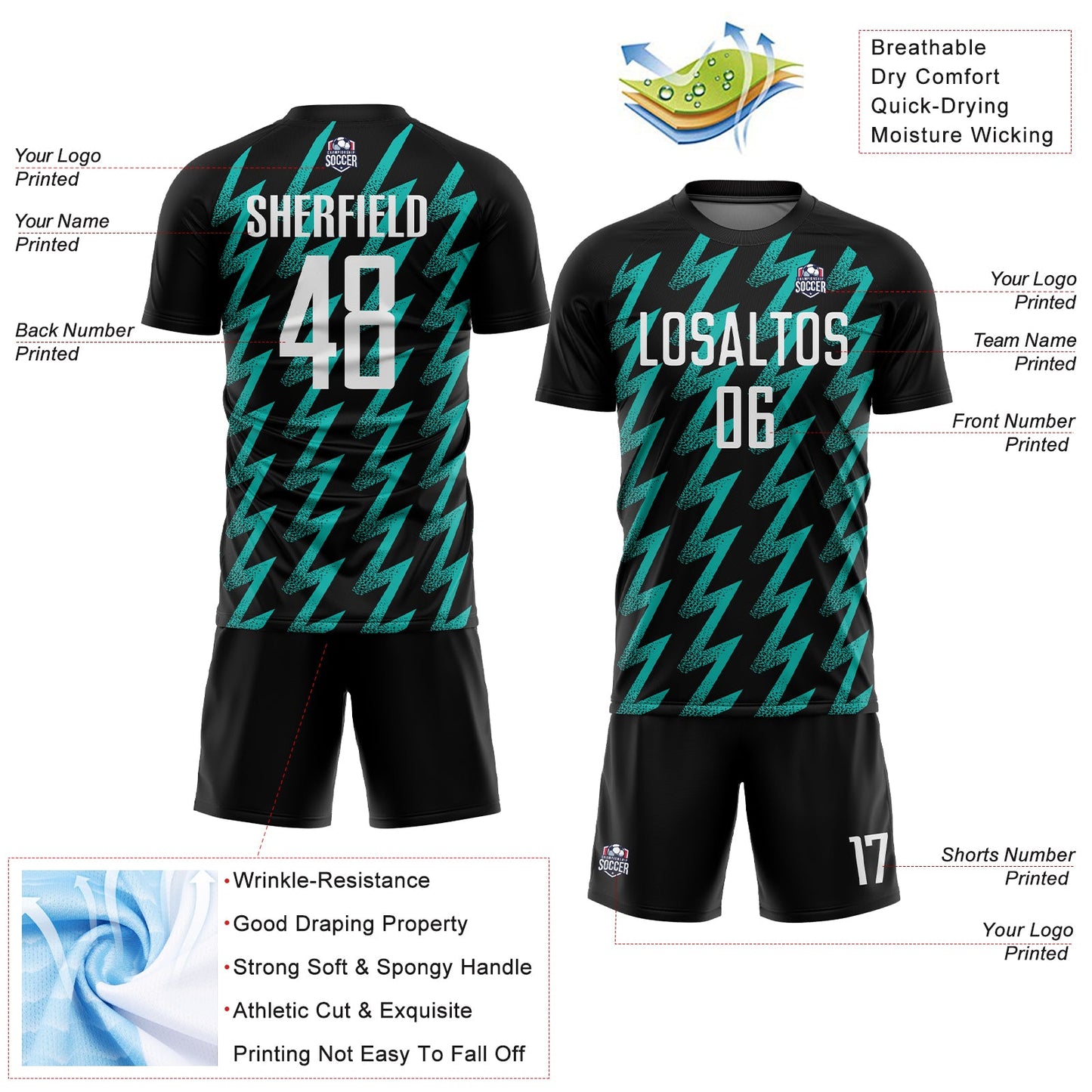 Custom Black White-Aqua Zigzag Shape Sublimation Soccer Uniform Jersey - Sky-Custom