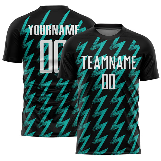 Custom Black White-Aqua Zigzag Shape Sublimation Soccer Uniform Jersey - Sky-Custom