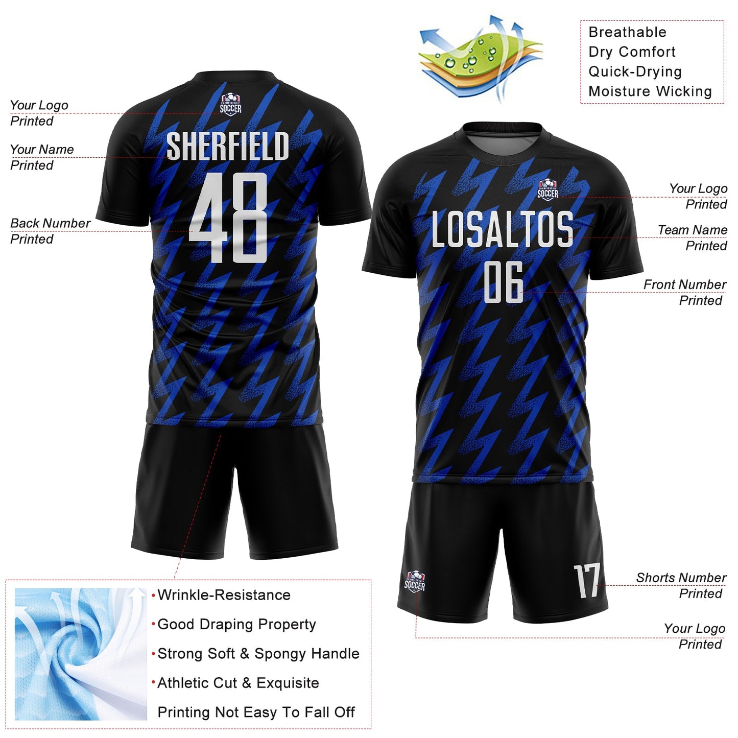 Custom Black White-Thunder Blue Zigzag Shape Sublimation Soccer Uniform Jersey - Sky-Custom